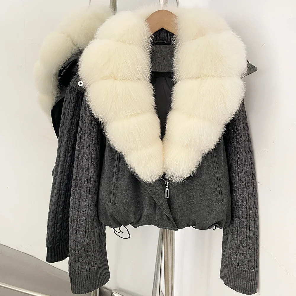 OFTBUY Damen-Pufferjacke mit abnehmbaren Strickärmeln, leichte Daunenjacke mit echtem Fuchspelzkragen, neue Winterkleidung für Damen – Detail 14