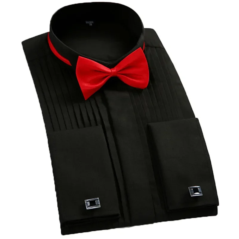 Classic Winged Collar Dress Shirt Men\'s Wingtip Tuxedo Formal Shirts with Red Black Bow Tie Party Dinner Wedding Bridegroom Tops