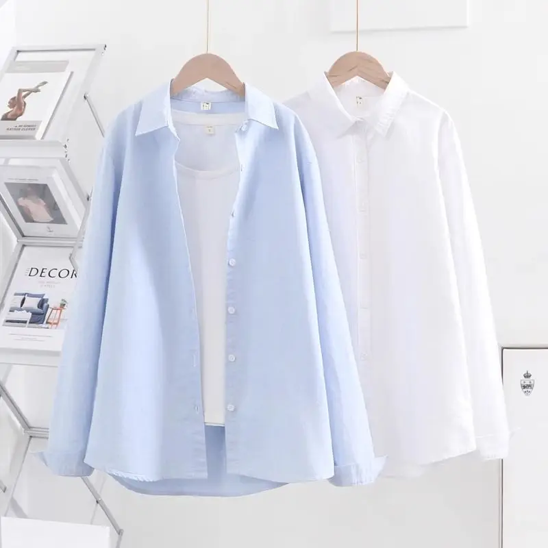 Women's Pure Cotton Long Sve irt Spring Autumn Base Layer Slimming Loose Fit Profional Sle Korean Commute Faion