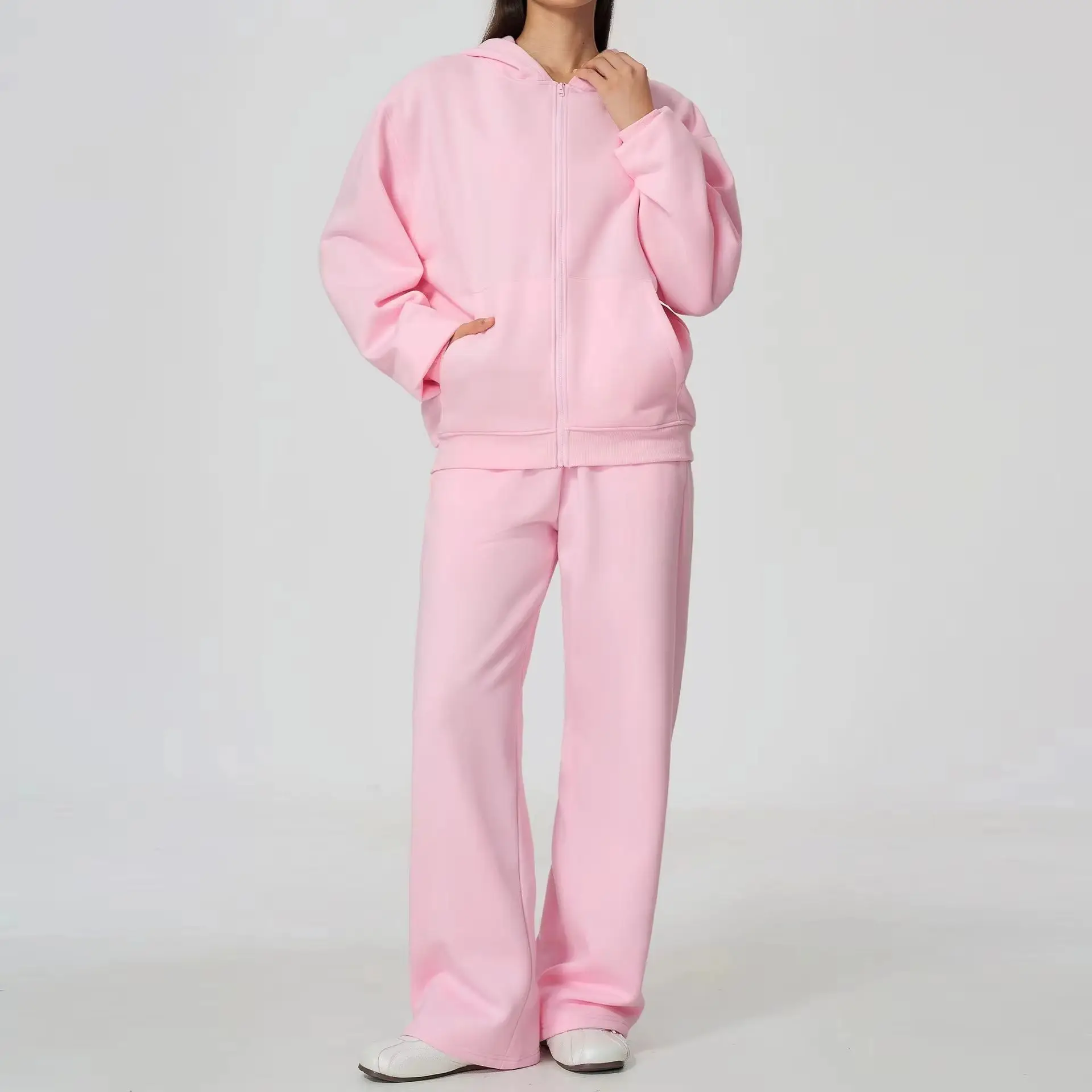 Women 2 Piece Yoga Set Fleece Lined Warm Cropped Zip Hoodie Wide Leg Sweatpants Tracksuit Casual Gym Suit Sportswear Solid Color