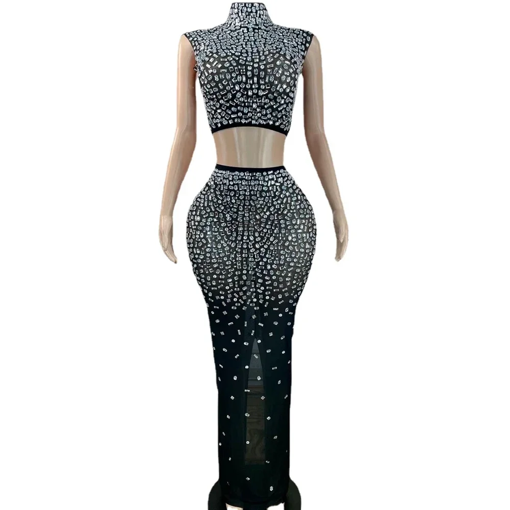 

Sparkly Rhinestones Tops Long Skirt Sexy Transparent Two Pieces Set Women Birthday Celebrate Evening Prom Dress Photo Shoot Wear