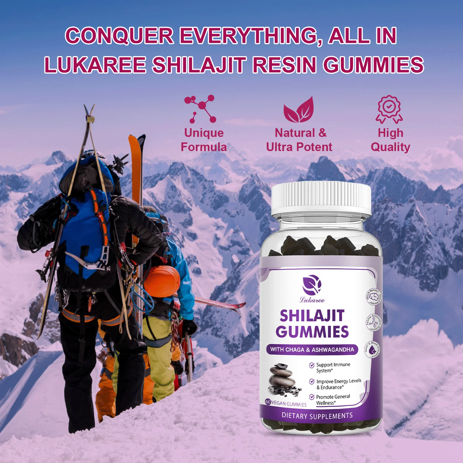 Lukaree 100% Organic Chaga Mushroom SHILAJIT Gummies 10 x More Absorption & Bioavailability