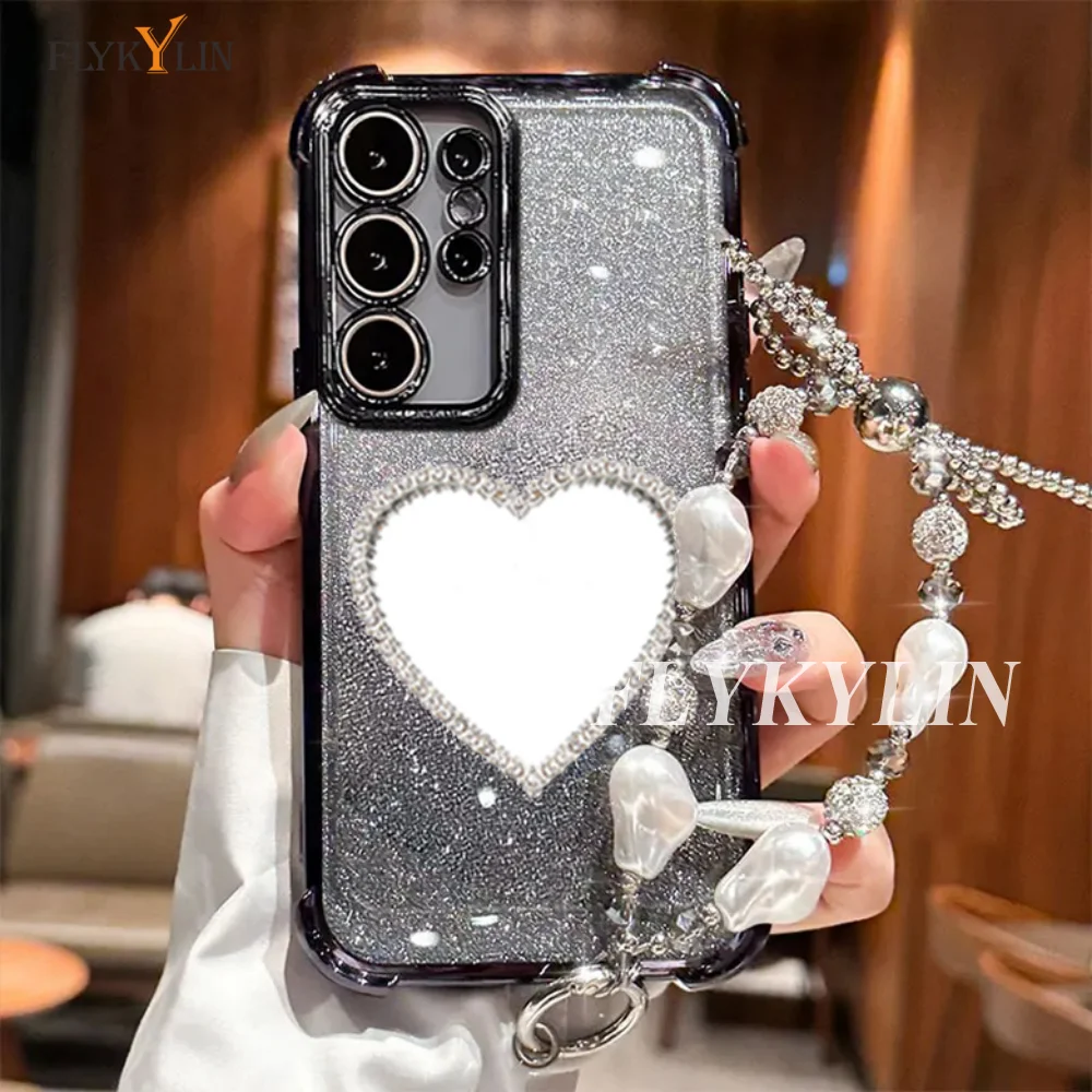 럭셔리 팔찌 충격 방지 폰 케이스 (아이폰 17 16 15 14 13 12 11 Pro Max 16 Plus 16E 17 에어 글리터 하트 미러 커버)
