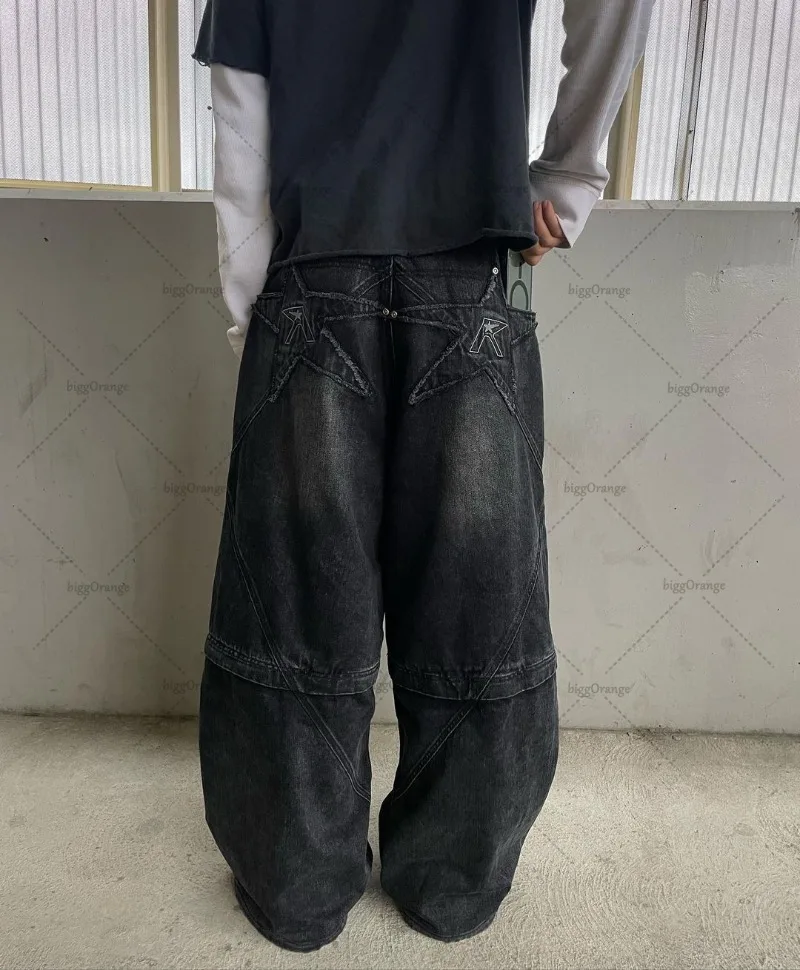 2024 Trendy Streetwear Trousers American Retro Embroidered Washed Distressed Baggy Jeans Men Gothic Punk Wide-leg Straight Pants