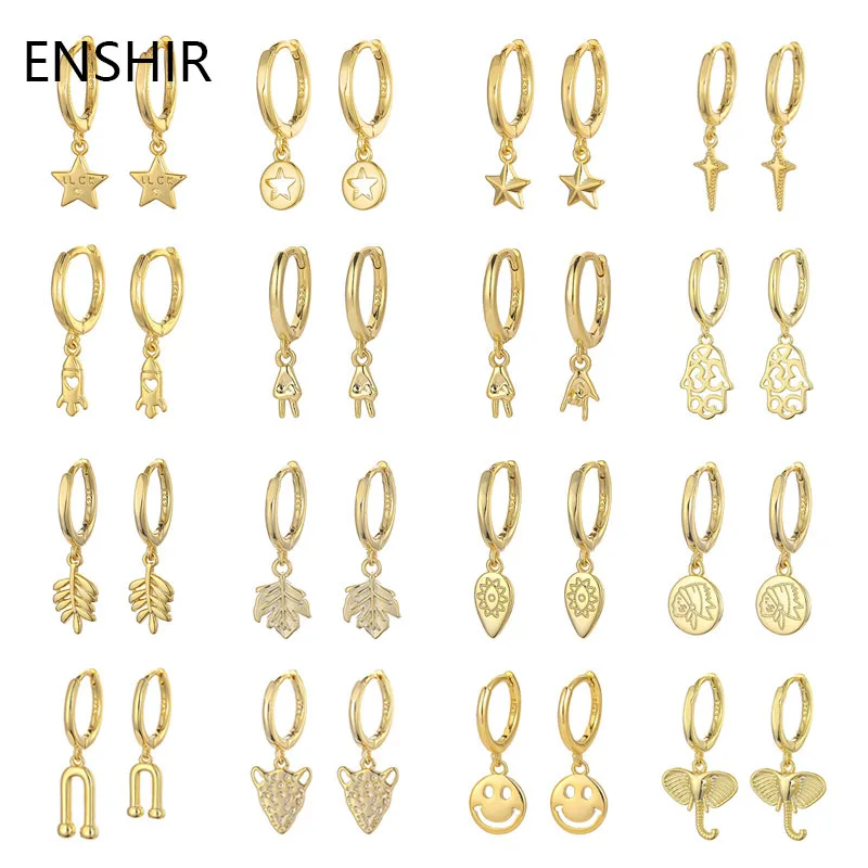 ENSHIR Gold Color Hoop Earrings for Women Men Smooth Star Tree Pendant Huggie Earrings Jewelry Wholesale