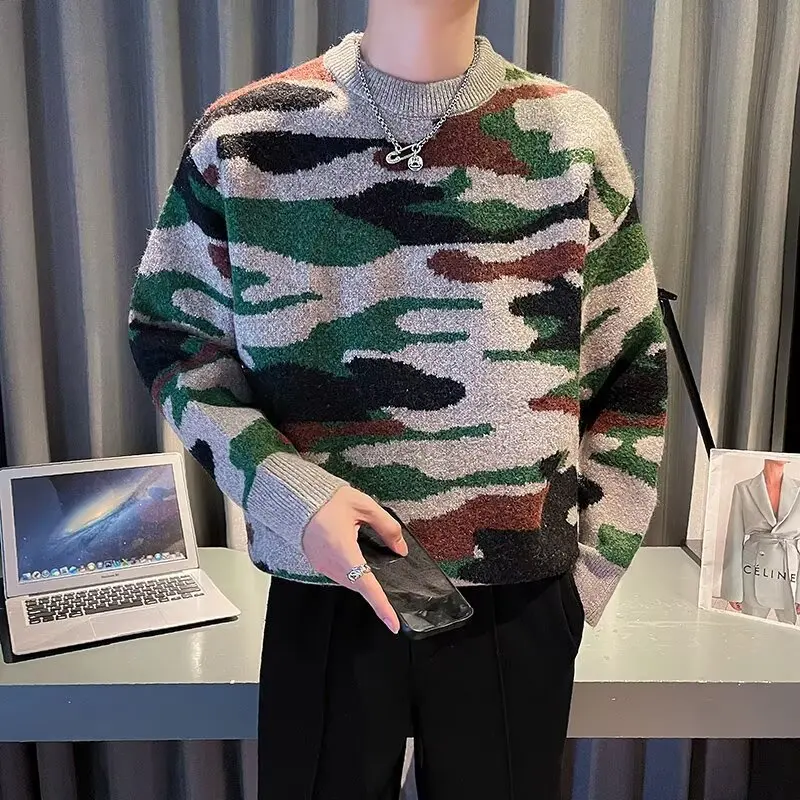 

American Camouflage round Ne Pullover Sweater Men's Autumn Winter Lazy Sle Knitted Coat Trendy Casual Woolen Sweater