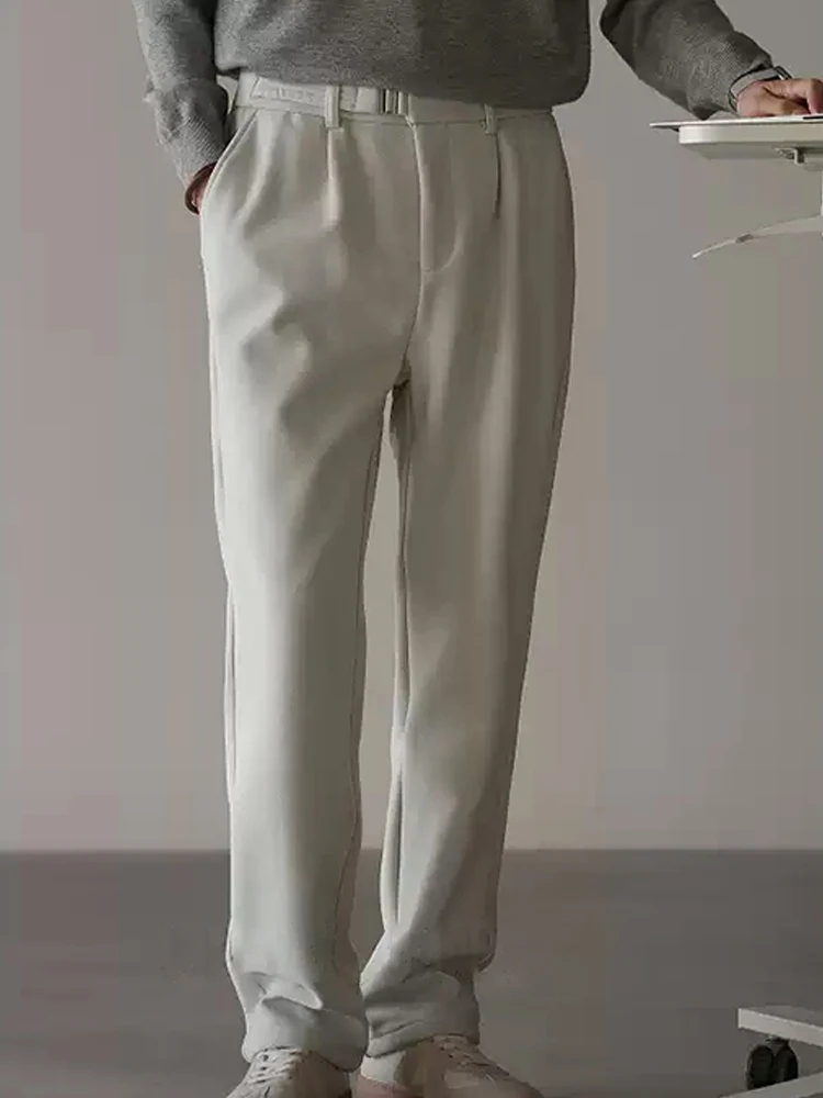 Trendy Men's Woolen Wide Leg Pants f Elastic Waist Metal Bule Design Warm Autumn Winter Straight Leg Casual Trousers
