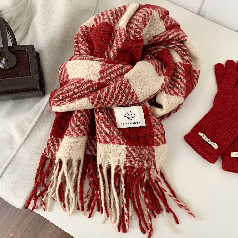 Elegant Sweet Plaid Wool Scarf Tassel Plush Red Long Shawl New Year Solid Color Winter Knitted Scarves Christmas