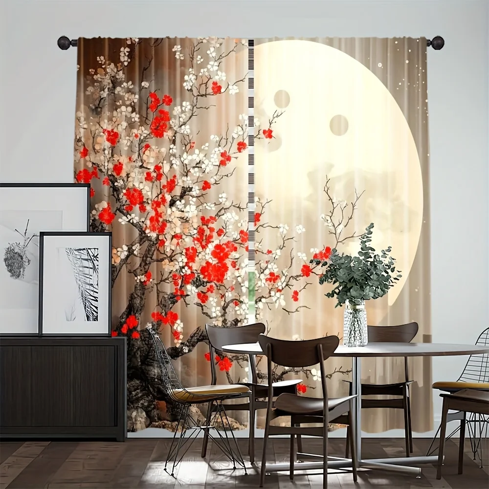 Floral Blossom Curtain Red White Cherry Blossoms Moon Scene Sheer Drapes Window Treatment Living Room Bedroom Romantic Aesthetic