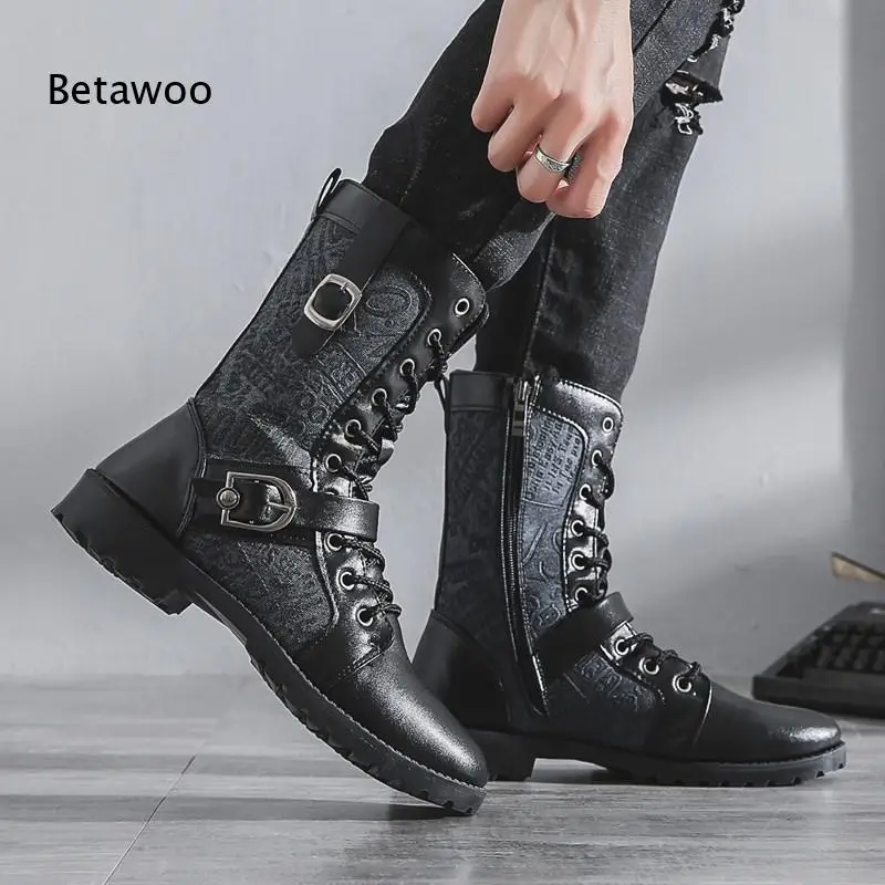 Side-Zipper-Closure Wear-Resistant Leather-Canvas Mixed Non-Slip Workwear Boots
