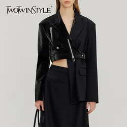 TWOTWINSTYLE Solid Irregular Spliced Zipper Blazers For Women Notched Collar Long Sleeve Patchwork Belt Designer Blazer Female