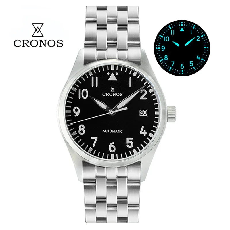 

Cronos 39mm Watch For Men Pilot Flieger SW200 Movement Mechanical BGW-9 Super Lum Domed Sapphire Crystal 100M Waterproof L6012