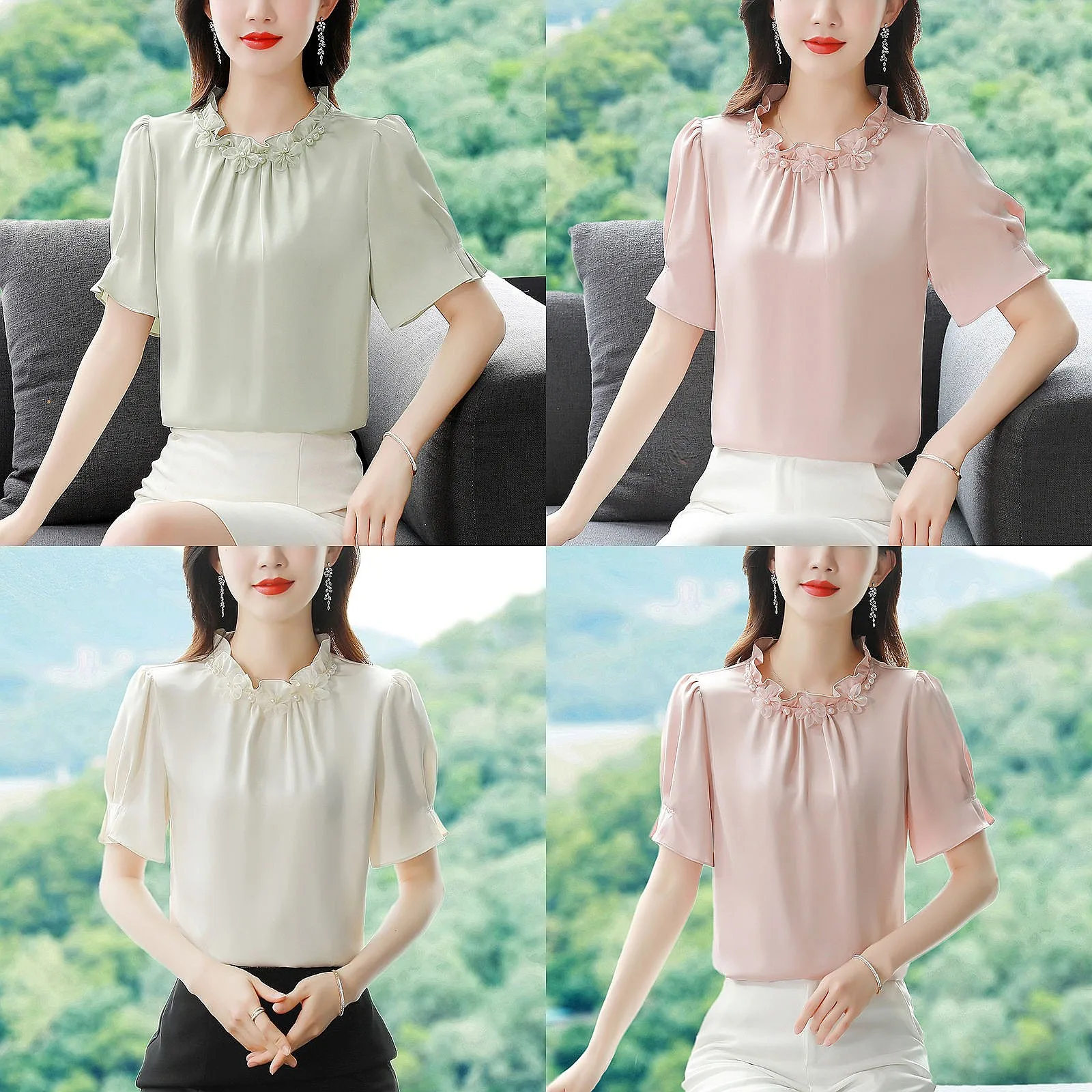 

Elegant Ruffled Neck Beading Folds Satin Blouses Women's Clothing Summer New Loose Office Lady Tops Puff Sleeve Shirts