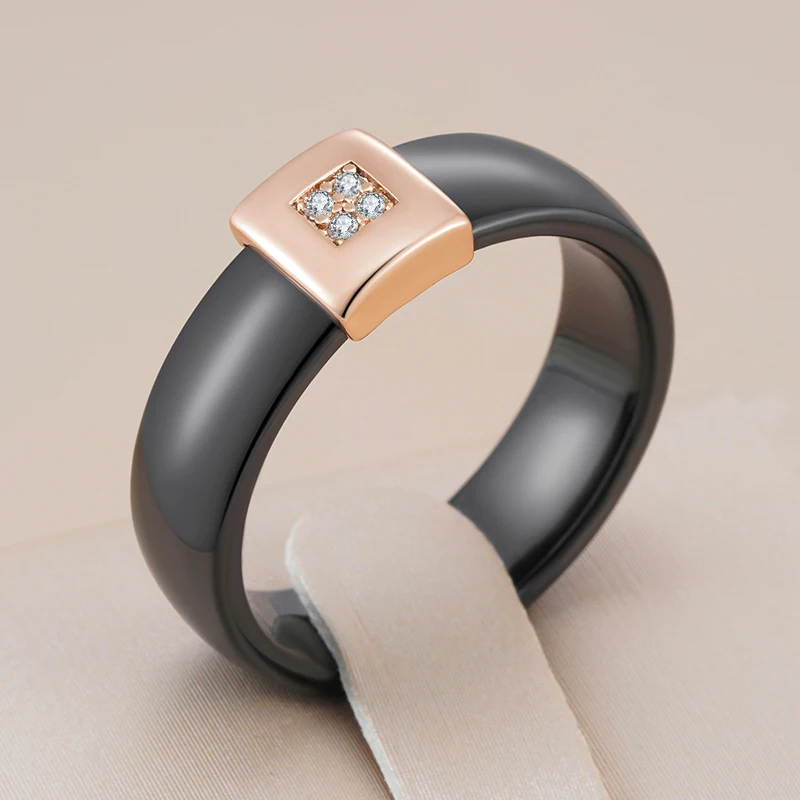 Kinel Hot Black Ceramics Ring For Women Fashion 585 Rose Gold Color Natural Zircon Accessories High Quality Daily Fine Jewelry