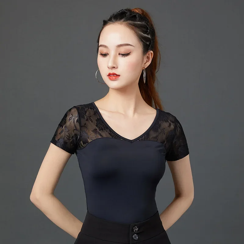 2022 Lace Mesh Black V Neck Short Sleeve Belly Dance Latin Dance Clothing Tops Women Modern Dance Clothes Sexy Practice Shirt