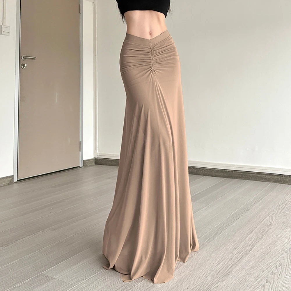 

SylCue сетчатая лоскутная длинная юбка для женщин, новинка 2025, трендовая, с рюшами, с эффектом талии, стройнее, уличный, универсальный стиль, элегантный низ