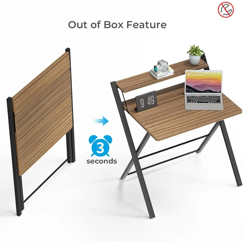 Folding Desk No Assembly Required Small Size, 2-Tier Foldable Computer Desk with Shelf for Home Office, Space Saving Portable