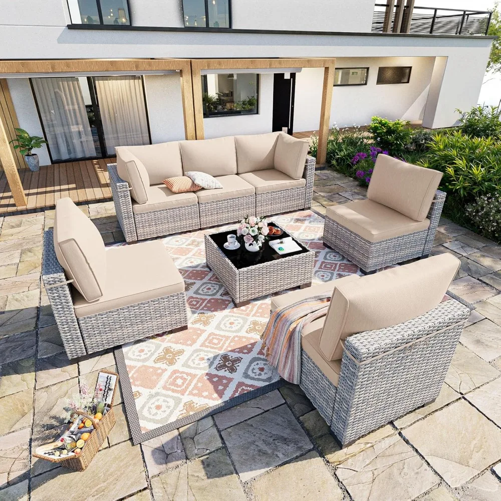 

7-Piece Patio Furniture Set, Outdoor Patio Furniture with Thick Cushions, Modular Patio Sofa, Dual-Strand Wicker Rattan