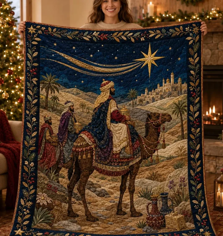 Quilted Three Wise Men Blanket, Christmas Nativity Throw Quilt Sofa, Bedroom Blanket, Home Decoration