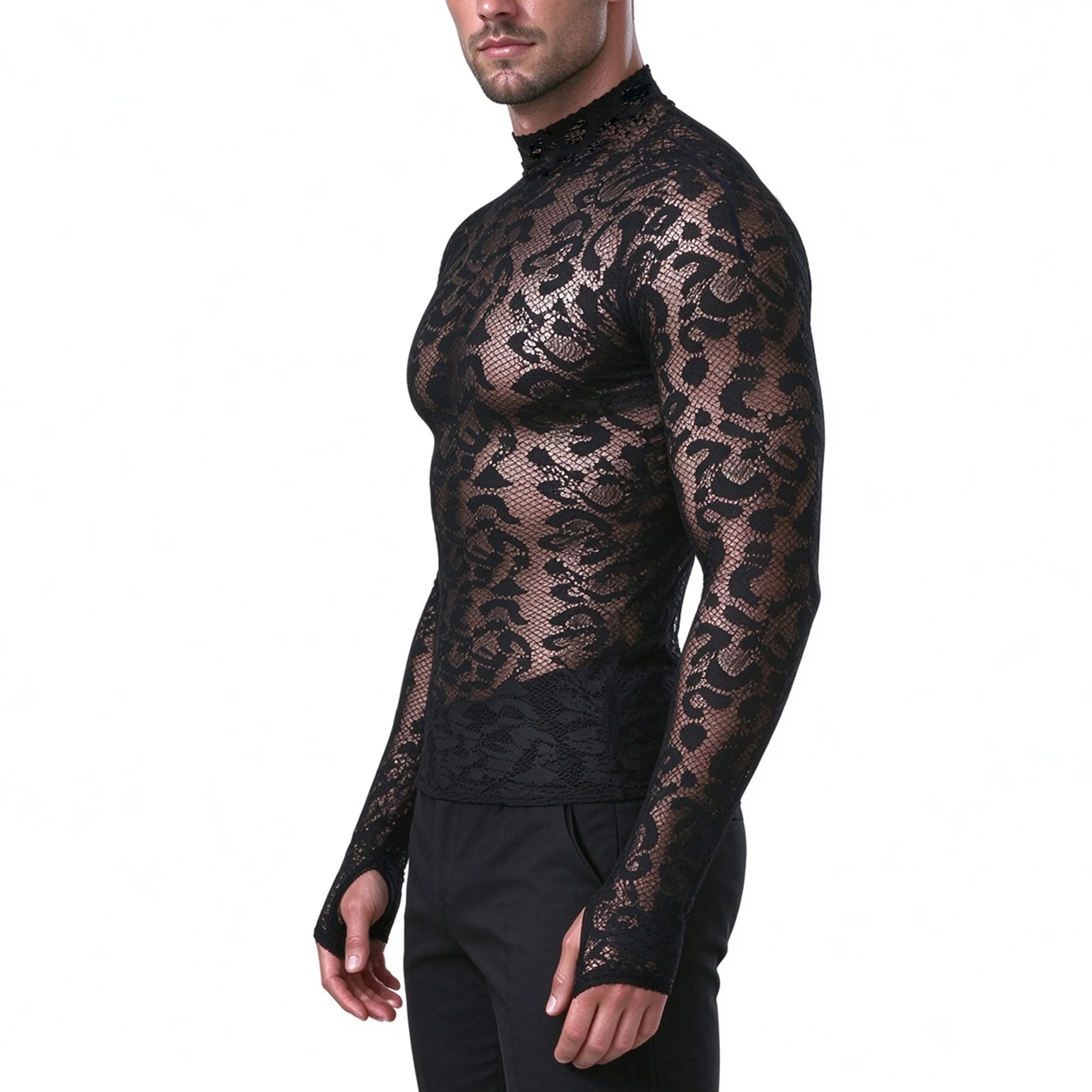 Sexy durchsichtiges Leoparden-T-Shirt, Netzstoff, langärmelig, Spitzen-Unterhemd, Herbst, Stehkragen-T-Shirt, transparente Oberteile mit Fingerbündchen – Detail 5