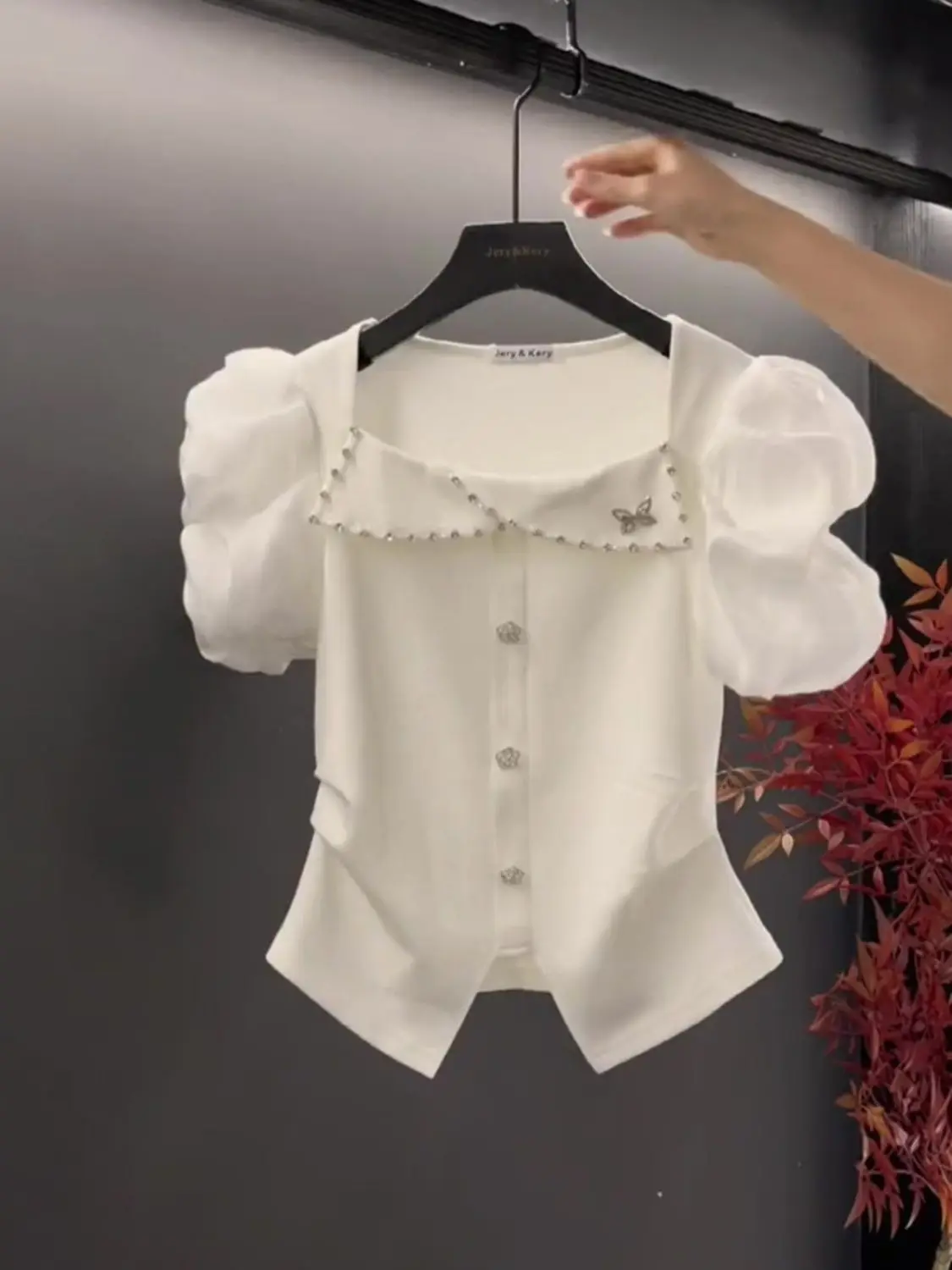 

French Square Collar Puff Sleeve Women's Summer New Short Sleeve Fitted Pullover