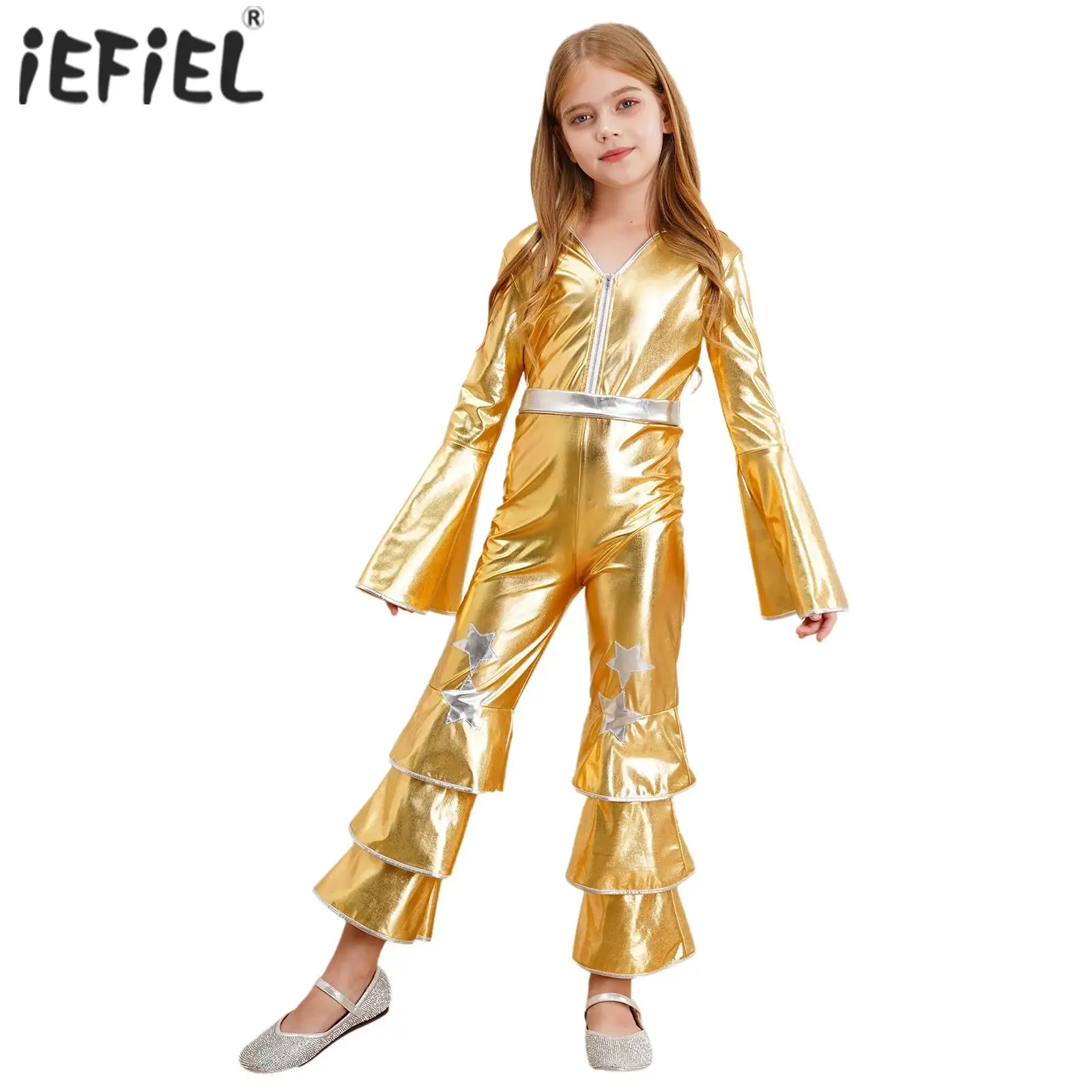 Kids Girls 1970s Disco Dance Costume Cosplay Jumpsuit Long Flare Sleeve Ruffle Bell Bottom Retro Hippie Disco Stage Performance