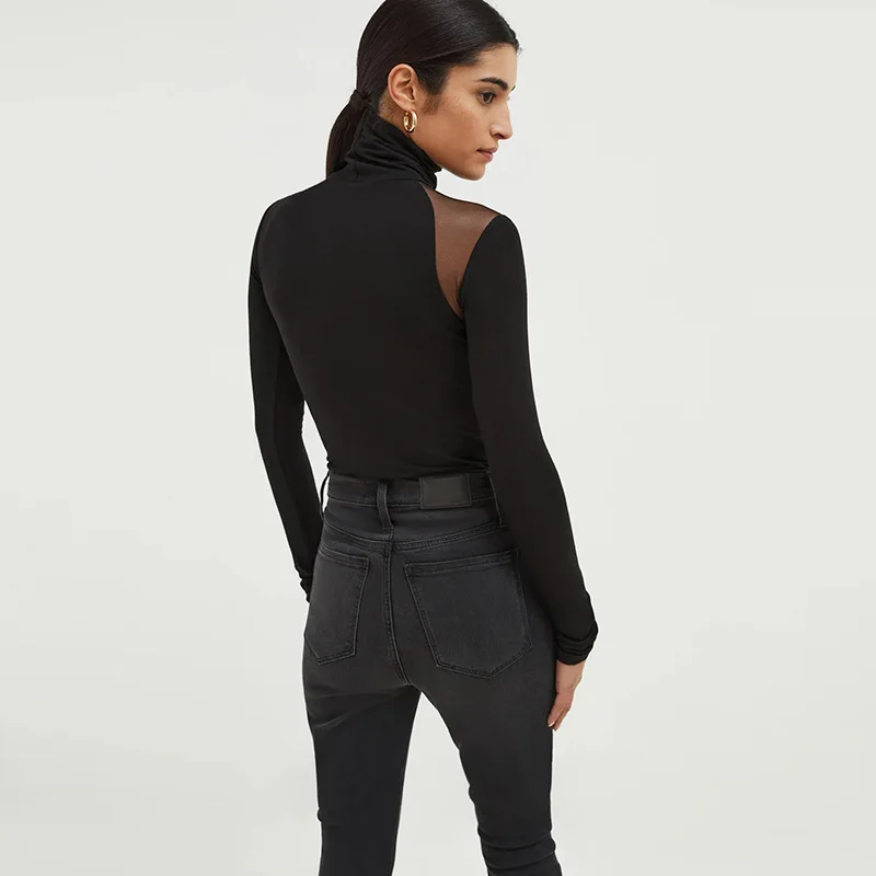 Spring and Autumn New European and American Style Long-Sleeve Slim-Fit Top with Mesh Patchwork, Off-Shoulder Solid Color Base Shirt, Y2K Style Women's Bodysuit Top