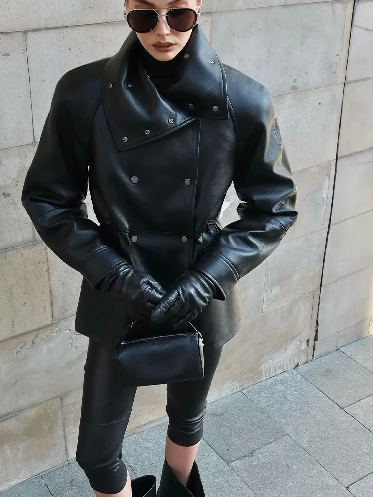 Giacca in similpelle a maniche lunghe con vita doppiopetto versatile in stile europeo e americano autunno nuova moda femminile