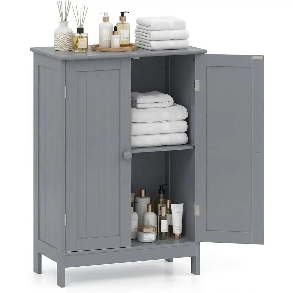 

Gray Wooden Floor Cabinet with Double Doors and Adjustable Shelves for Bathroom, Kitchen, Living Room, and Entryway Storage