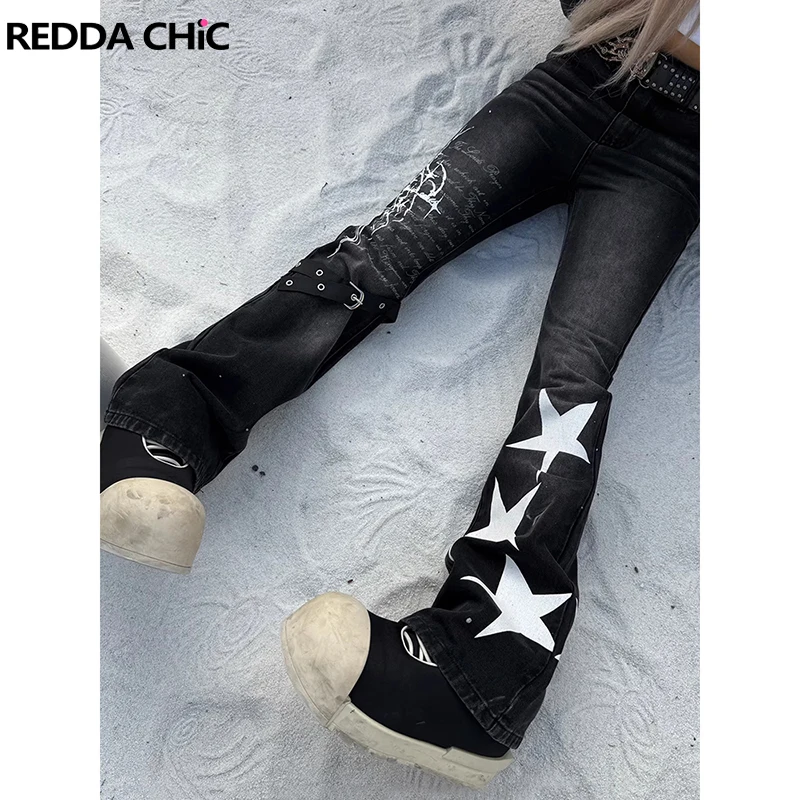 

Джинсы-клеш REDDACHiC Retro Star для женщин, черные, с эффектом потертости, с поясом, с низкой посадкой, с графическим принтом, в стиле готика-гранж, уличная мода