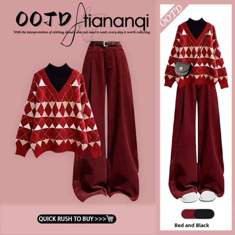 

High Ne Knitted Sweater And Wide Leg Pants Set for Women Autumn Winter Lazy Sle Outerwear Faion Ensemble