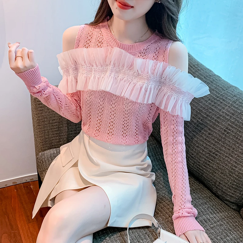 Women's Long Sleeve Off Shoulder Knitted Sweater with Ruffles and Lace AutumnNew Vintage Hollow Out Tassel Top Kawaii Clothes