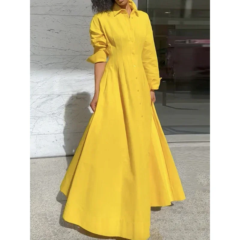 Jennifer Yellow Shirt Dress Maxi Dresses for Women Pleated Split-Joint Lapel Long Sleeves Solid Color Evening Dresses Clothing