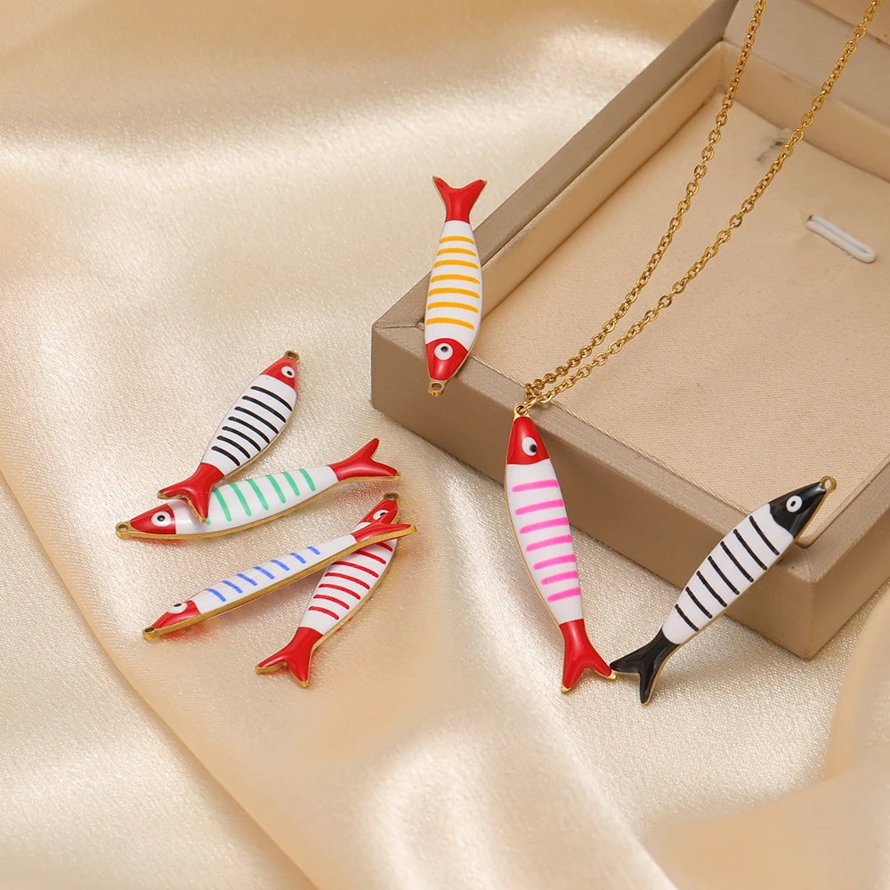 

5 шт., подвески в виде рыбы из нержавеющей стали с эмалью в полоску, мультяшное ожерелье, подвески для изготовления браслетов, сделай сам, изделия ручной работы, ювелирные изделия
