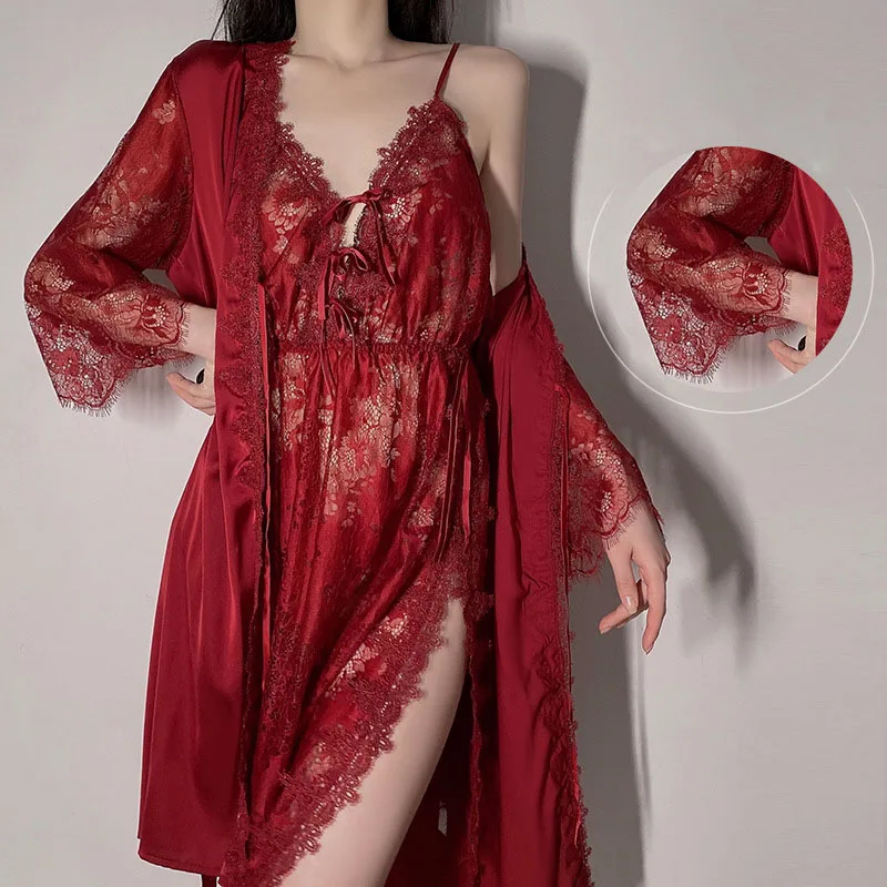 Fashion Sexy Transparent Camisole Pajamas Bathrobes Bridal Morning Gowns Home Wear Long Lace Up Night Dress Womens Nightgown