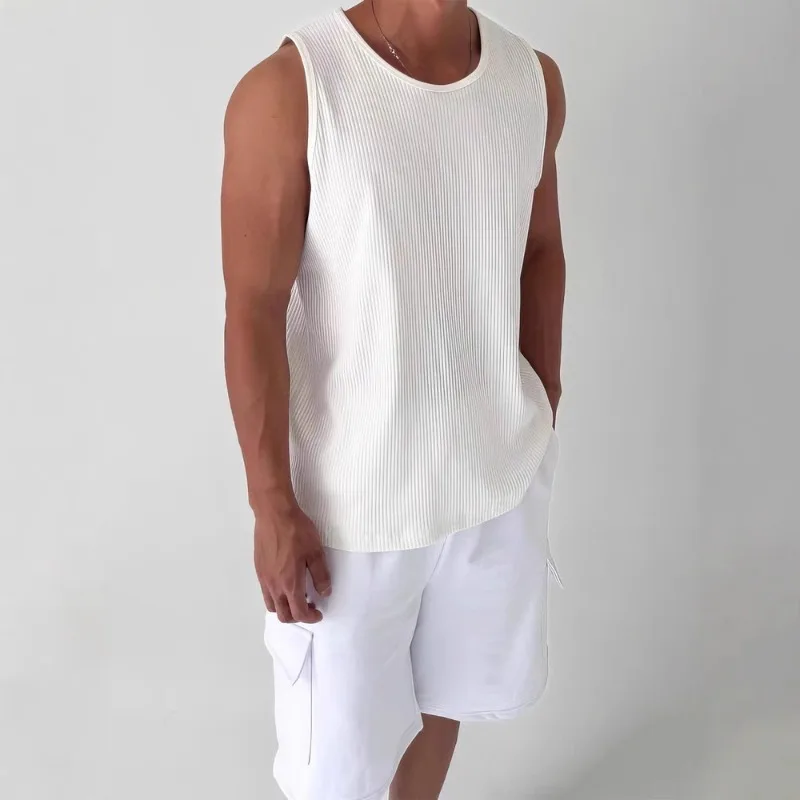 U-Shaped Large Neckline Vest Men's Pleated Textured Loose Sleeveless T-Shirt Waffle Jacquard Knitted Waistcoat