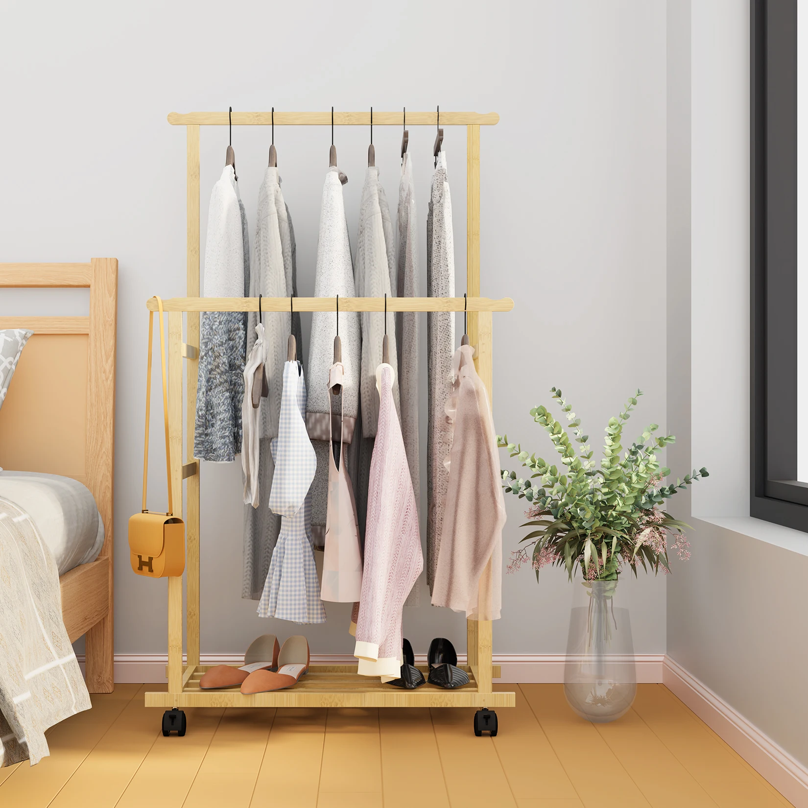 Clothes Rail Rack Bamboo Double Hanging Clothes Organizer on Wheels Free Standing Garment Rack with Storage Shelves Coat Rack