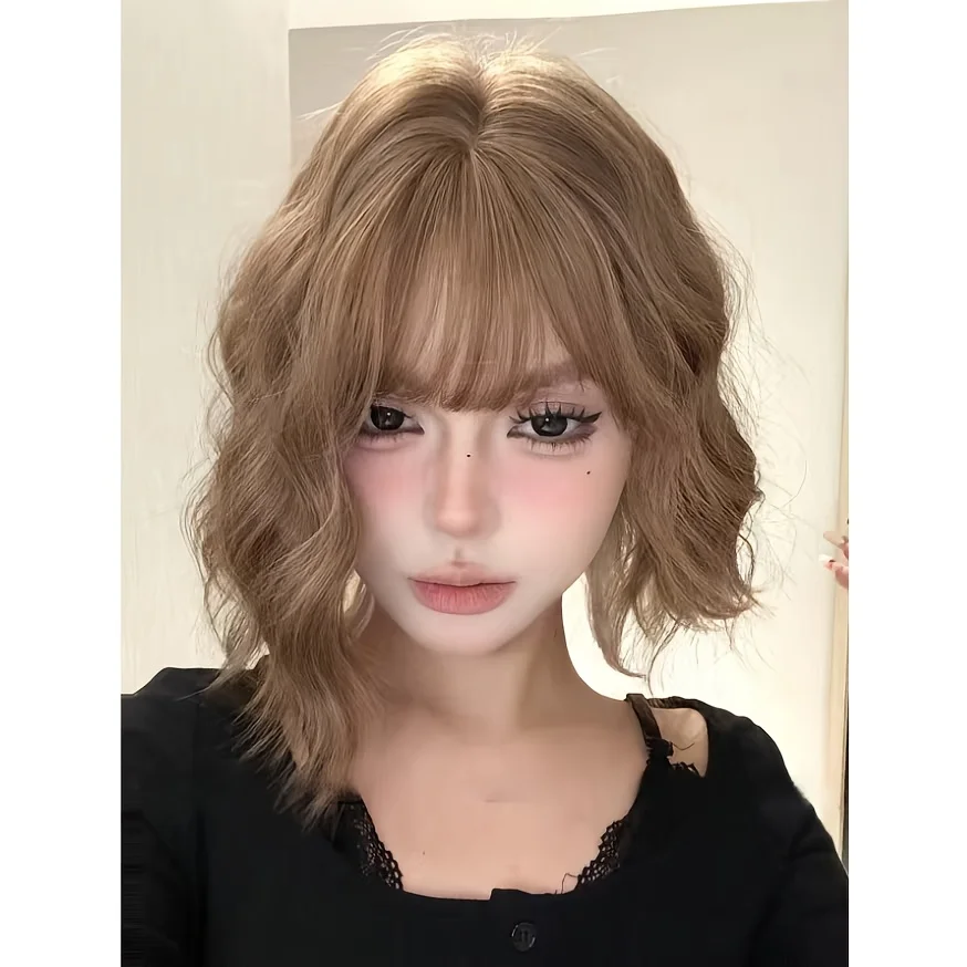 

1 Piece 12inch Women's Wig, Linen Brown, Cute with Bangs, Egg Roll Hairstyle, Suitable for Halloween Parties, Synthetic Wig