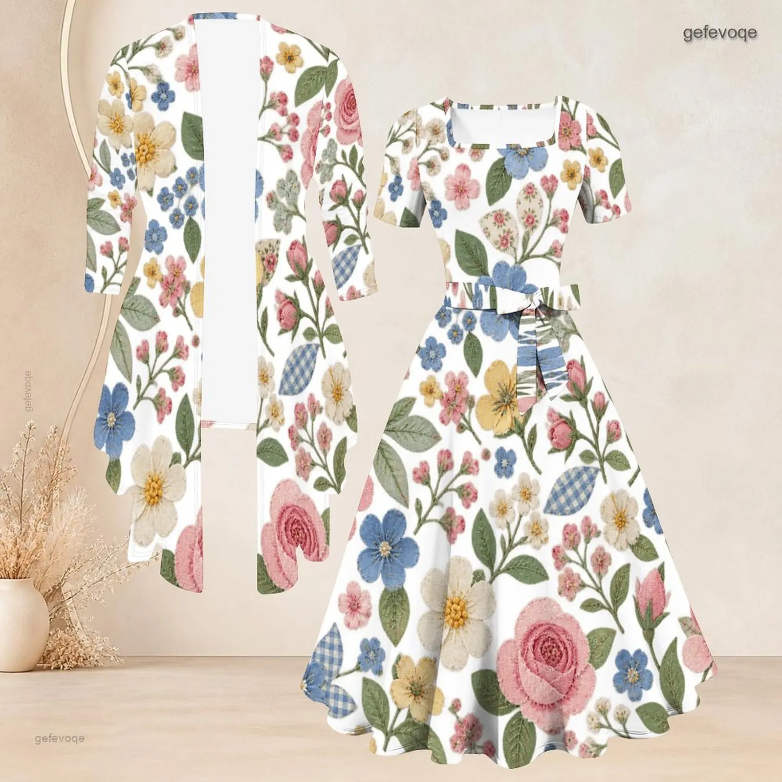 Women Daisy Printed Two Piece Outfit, 3/4 Sleeve Open Cardigan and Square Neck Short Sleeve Tie Waist Flared Dress