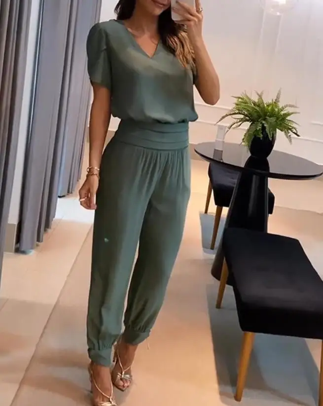 Casual Puff Sleeve Top & High Waist Cuffed Pants Set Polyester Plain V-Neck Design Daily 2023 Fashion Two Piece Outfits