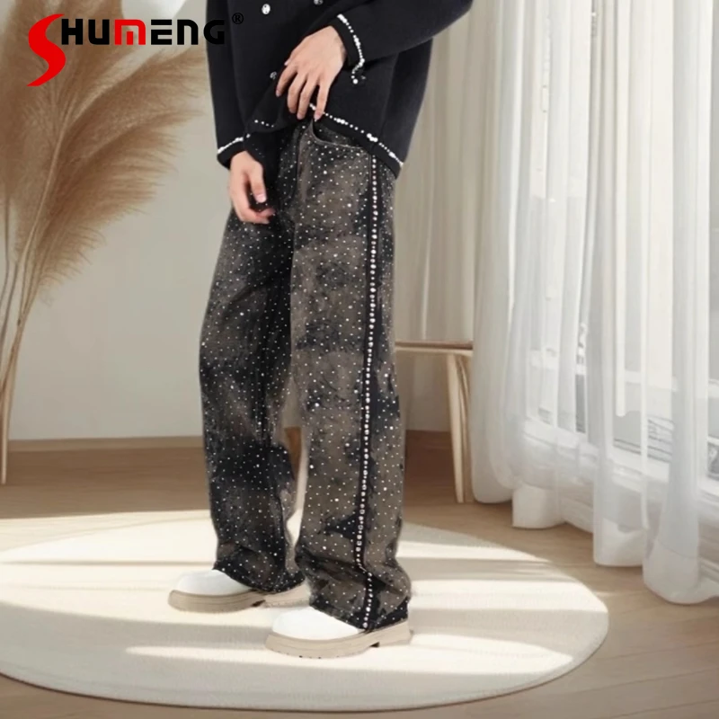 

Men's 2025 Spring Autumn New Rhinestone Design Jeans High-End Loose Comfort Cool High Street Jeans Trendy Straight Denim Pants