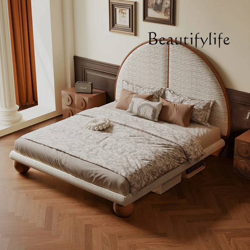 

French solid wood double bed design creative semi-round cream wind fabric double bed