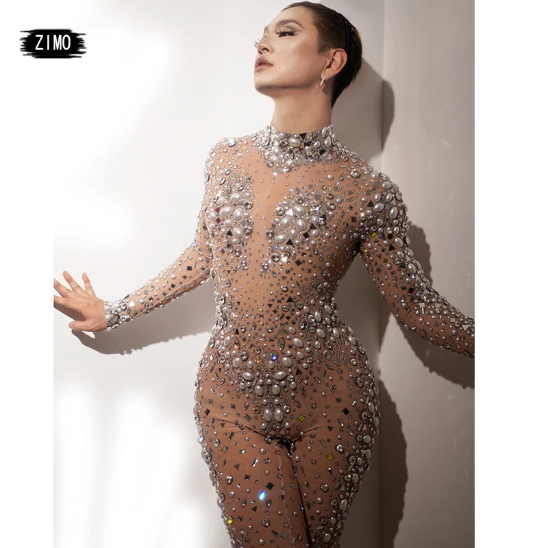 Mono Sexy de malla con diamantes para mujer, traje de actuación, Body ajustado para fiesta y Club, ropa transparente para escenario de baile con diamantes de imitación y perlas
