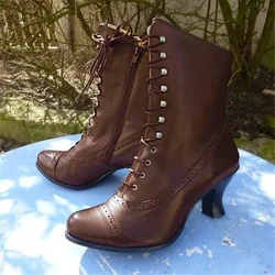 Botas curtas de sola grossa feminina, com renda, sapato de salto alto feminino, bota de motocicleta, botas vitorianas, moda, inverno, 2024