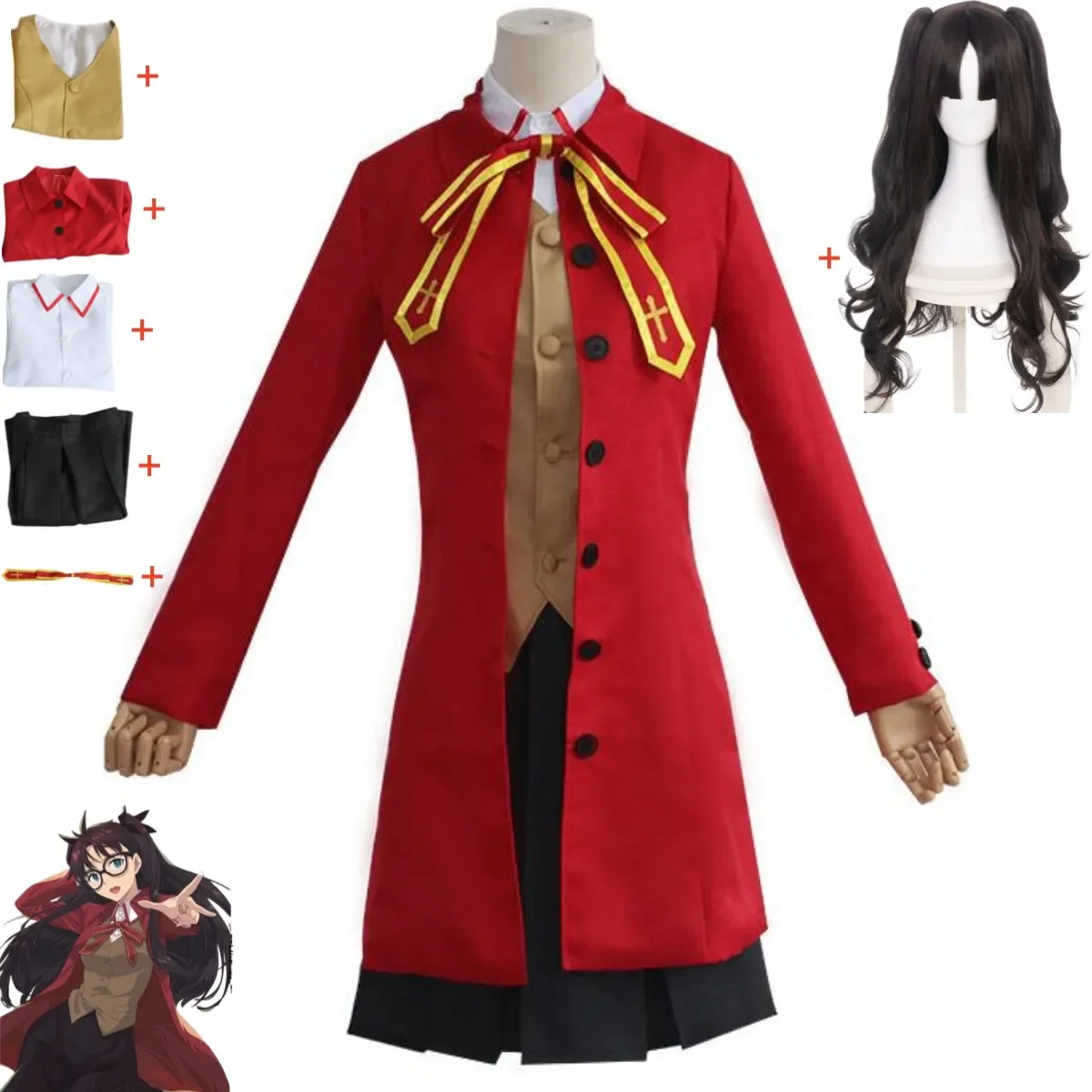 

Anime Game Fate/stay Night Tohsaka Rin Matou Sakura Cosplay Costume Red Coat School Uniforms Vest Wig Woman Halloween Suit