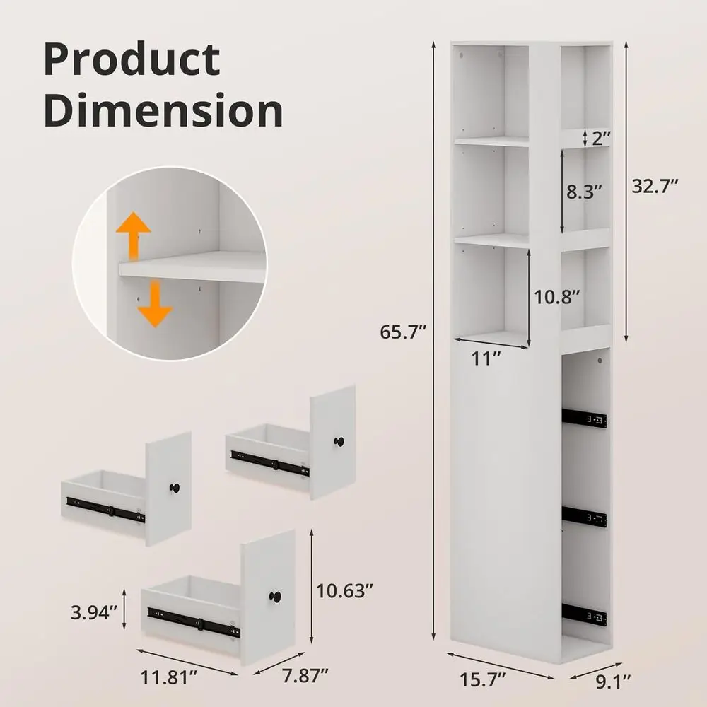 Tall Narrow Bathroom Storage Cabinet with Side Rack & Ders | 3-Level Adjustable Shelves, Slim ree Standing Space Saver Organizer