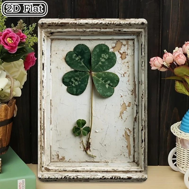 2D Flat One Piece 8x12 Inch Metal Sign Featuring Vintage Rustic FourLeaf Clover Botanical Design for Farmhouse Home Wall Decor