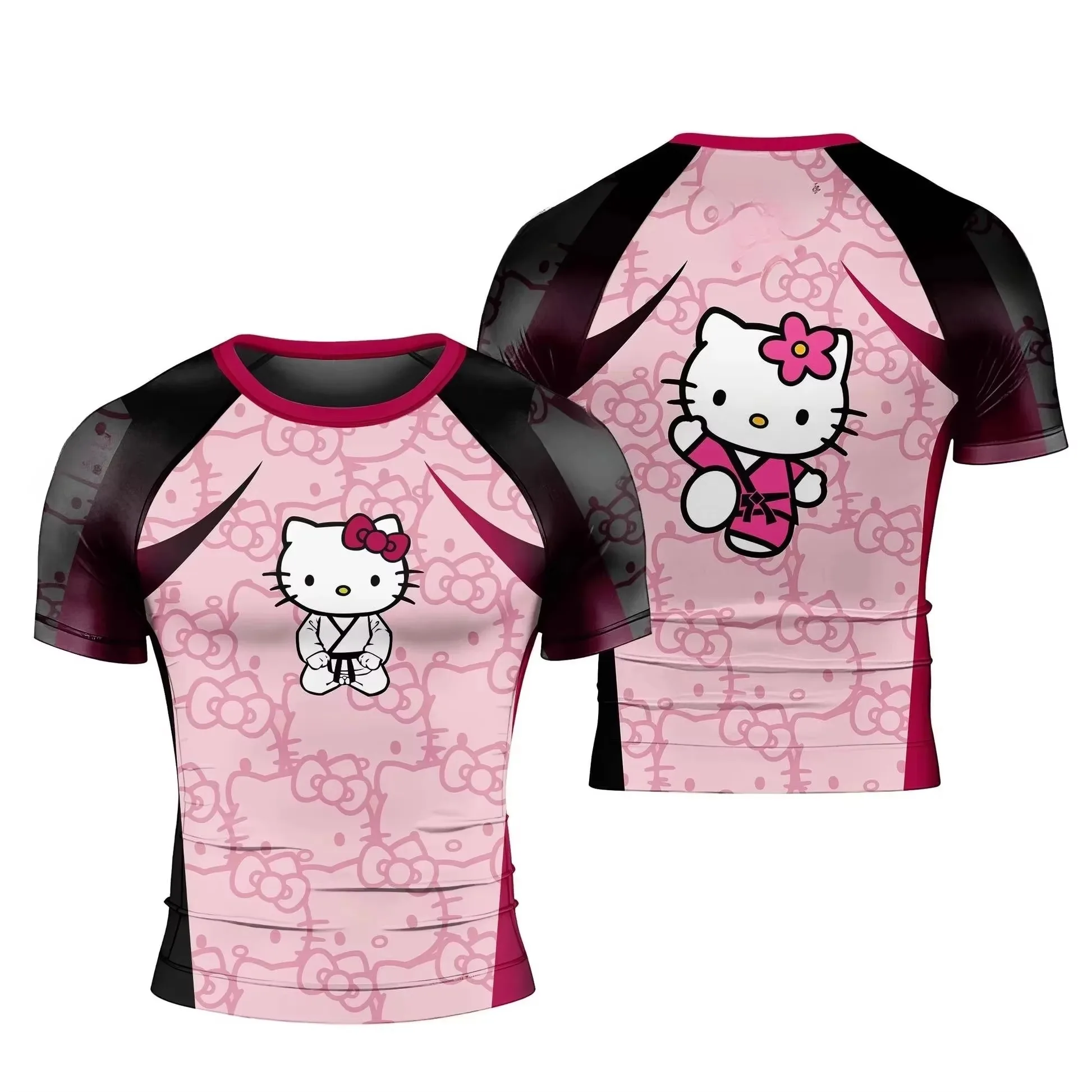 2026-27 New Hello Kitty Halloween Terror Mask Compression Clothes for Boys and Girls Short Sleeve Quick Drying Sportswear