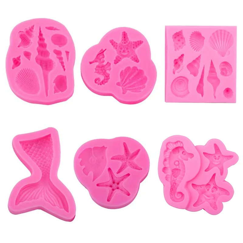 Ocean Theme Silicone Fondant Mold Mermaid Tail Seashell Starfish Hippocampus Conch Cupcake Chocolate Mold DIY Baking Tools