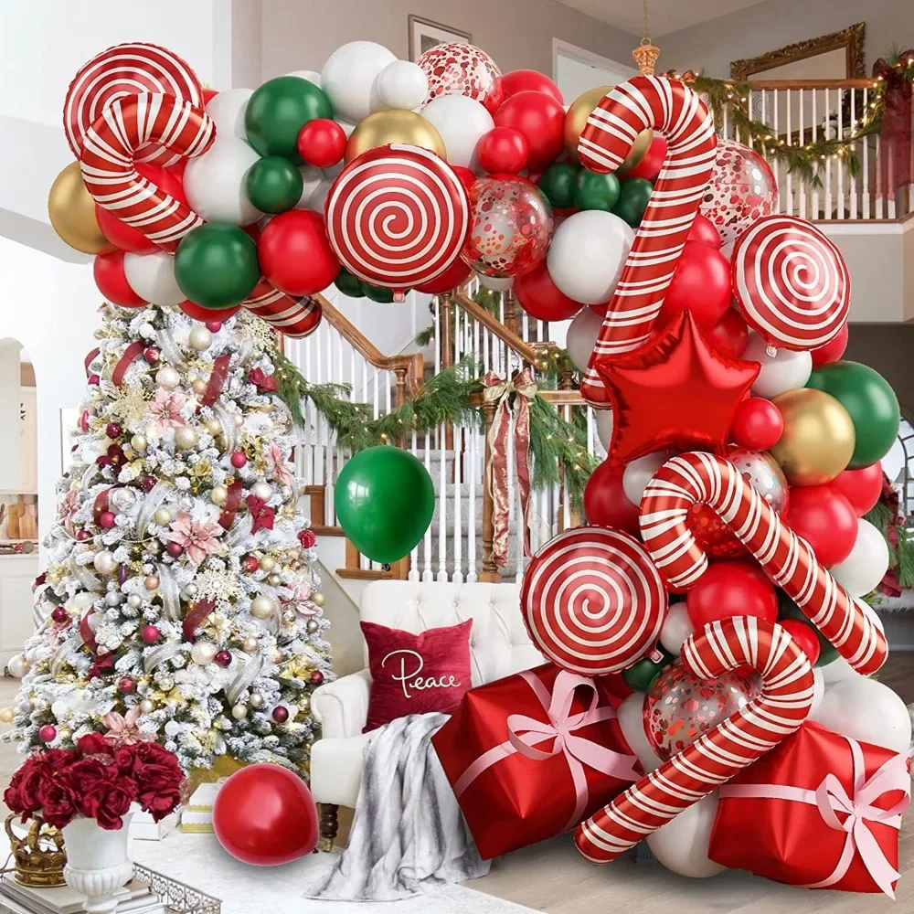 

137PCS Christmas Balloon Set Candy Cane Aluminum Film Balloon Red Green White Christmas New Year Balloon Chain Arch Wreath Set